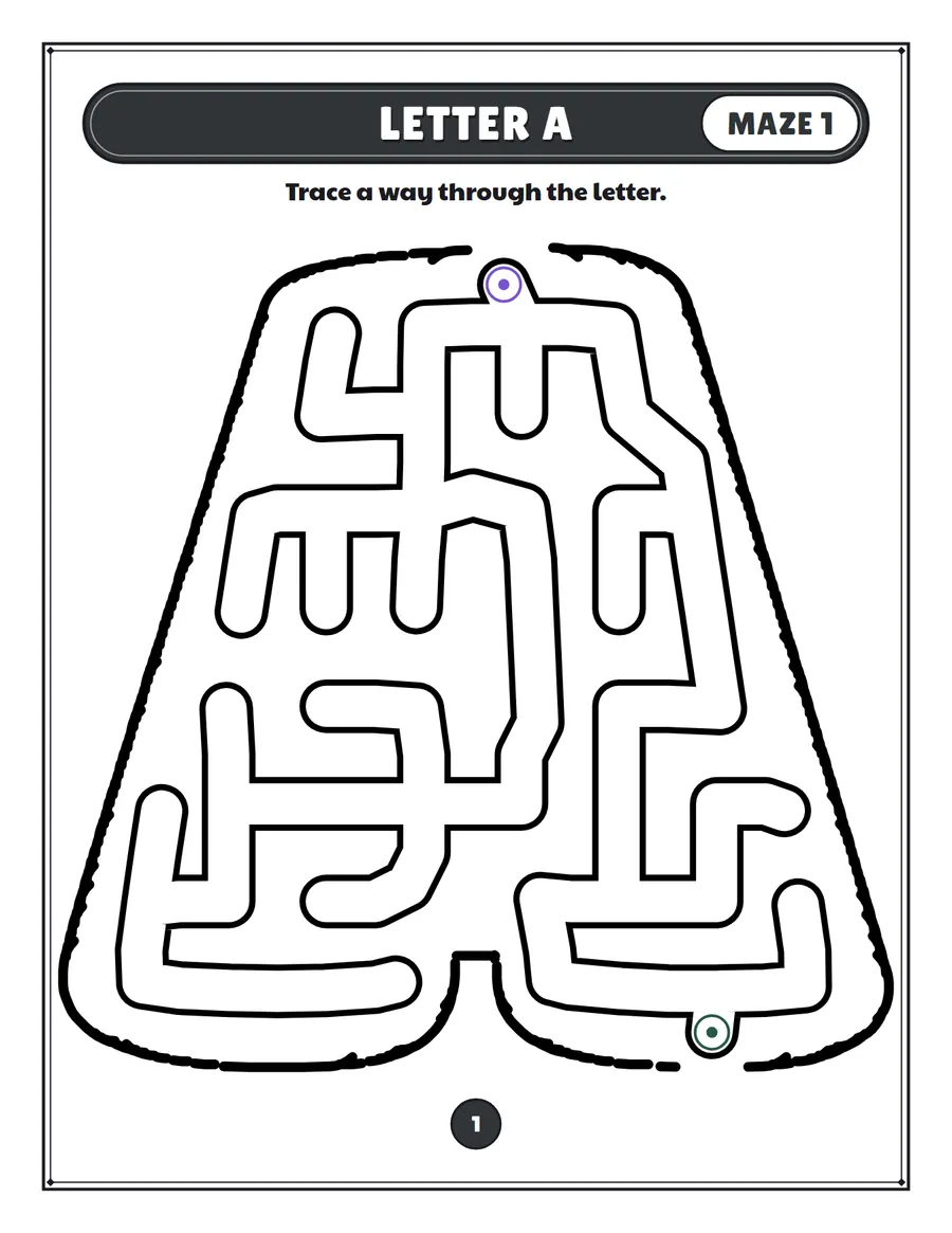 Letter A maze printable: a very easy alphabet maze inside a bubble letter A
