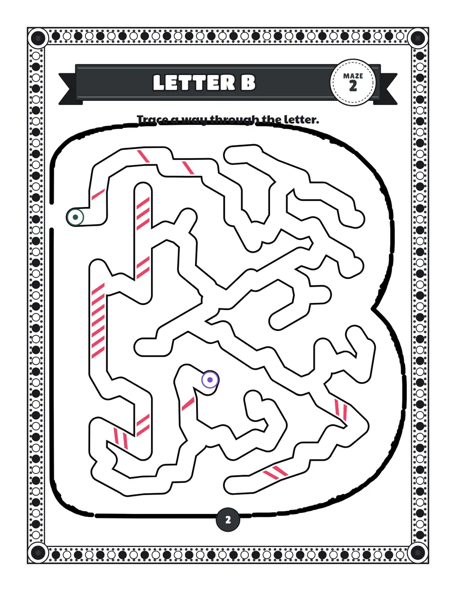 Letter B maze printable: a very easy alphabet maze inside a bubble letter B