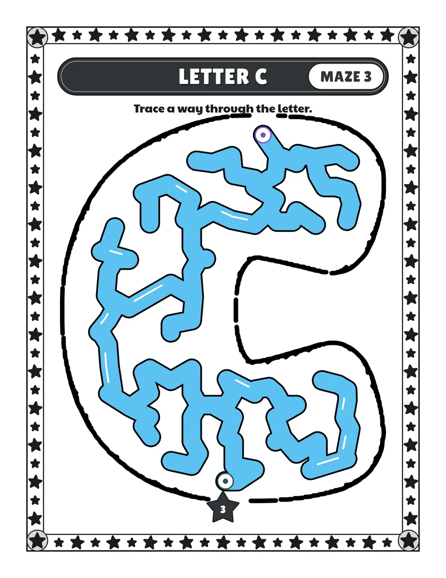 Letter C maze printable: a very easy alphabet maze inside a bubble letter C