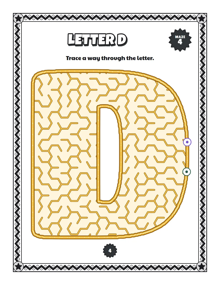 Letter D maze printable: a easy alphabet maze inside a bubble letter D