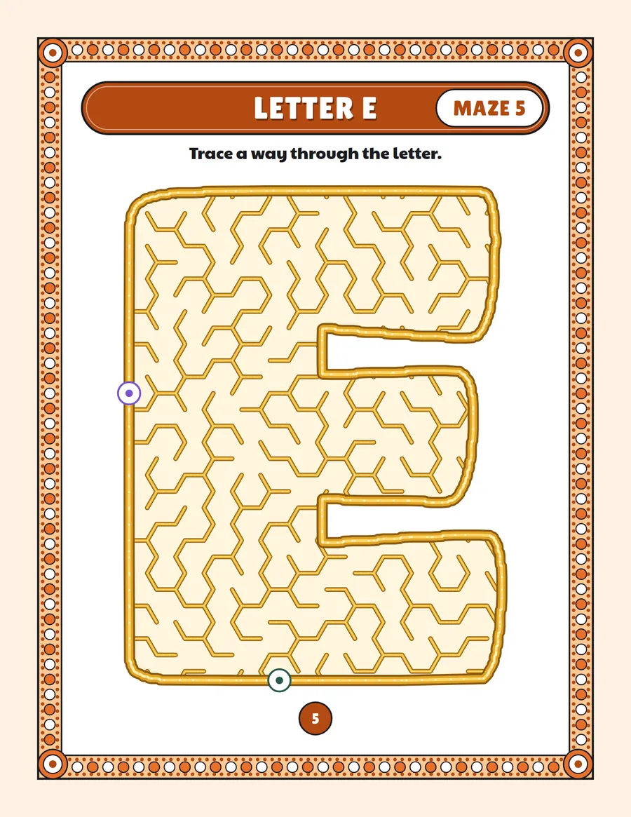 Letter E maze printable: a easy alphabet maze inside a bubble letter E