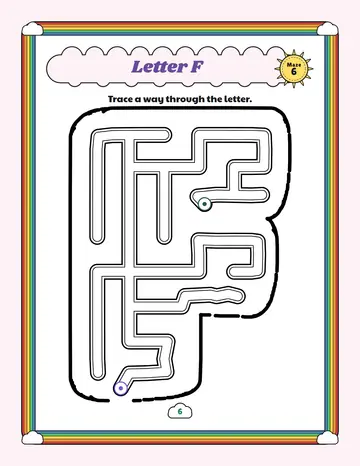 Letter F maze printable: a very easy alphabet maze inside a bubble letter F