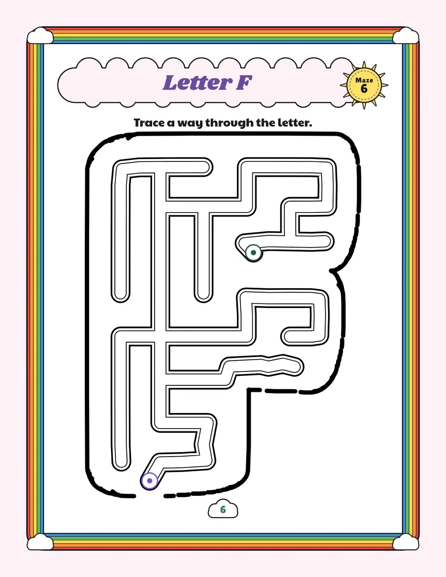 Letter F maze printable: a very easy alphabet maze inside a bubble letter F