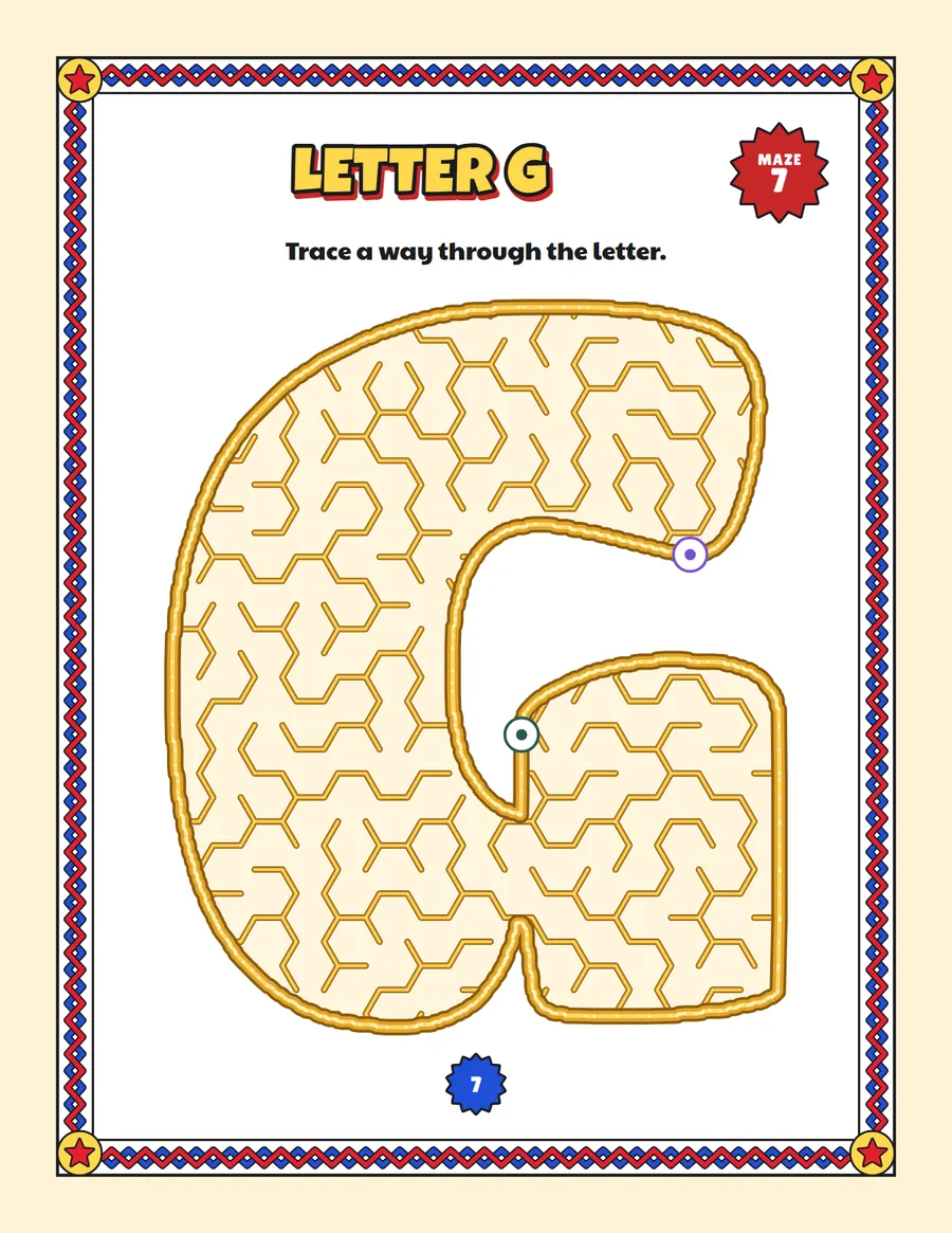 Letter G maze printable: a easy alphabet maze inside a bubble letter G