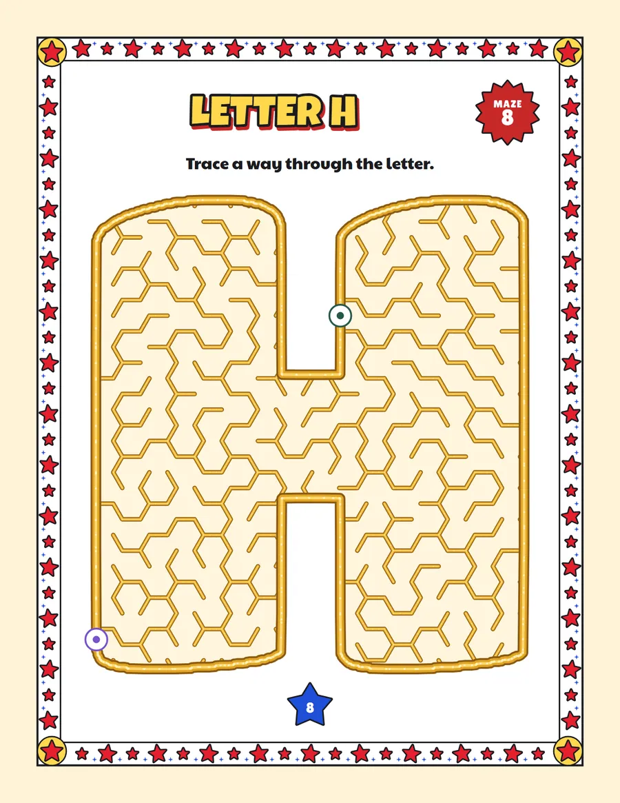 Letter H maze printable: a easy alphabet maze inside a bubble letter H