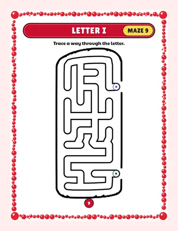 Letter I maze printable: a very easy alphabet maze inside a bubble letter I