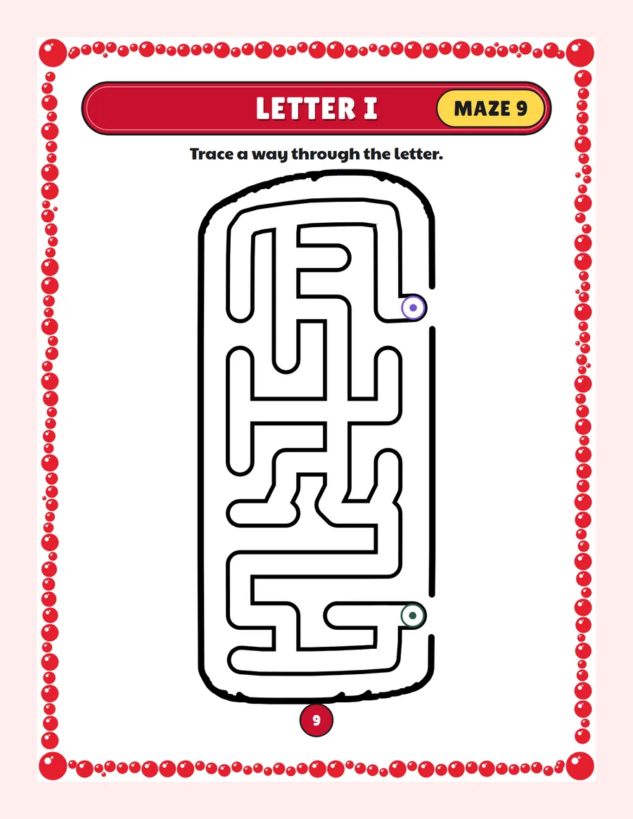 Letter I maze printable: a very easy alphabet maze inside a bubble letter I