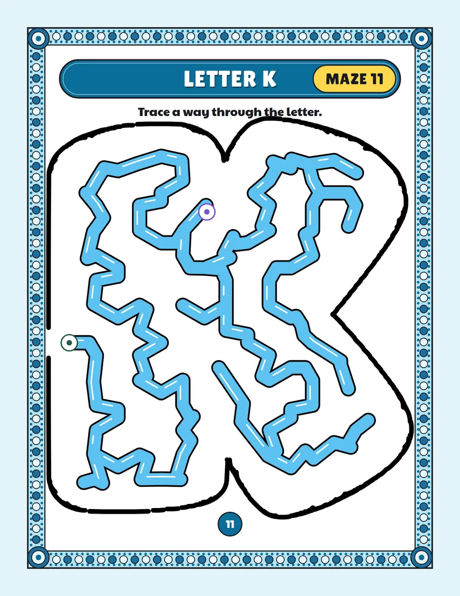 Letter K maze printable: a very easy alphabet maze inside a bubble letter K