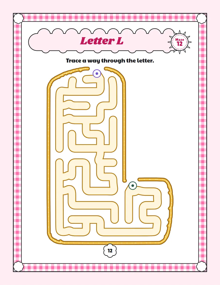 Letter L maze printable: a very easy alphabet maze inside a bubble letter L