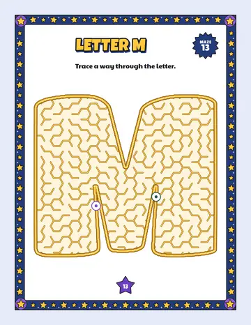 Letter M maze printable: a easy alphabet maze inside a bubble letter M