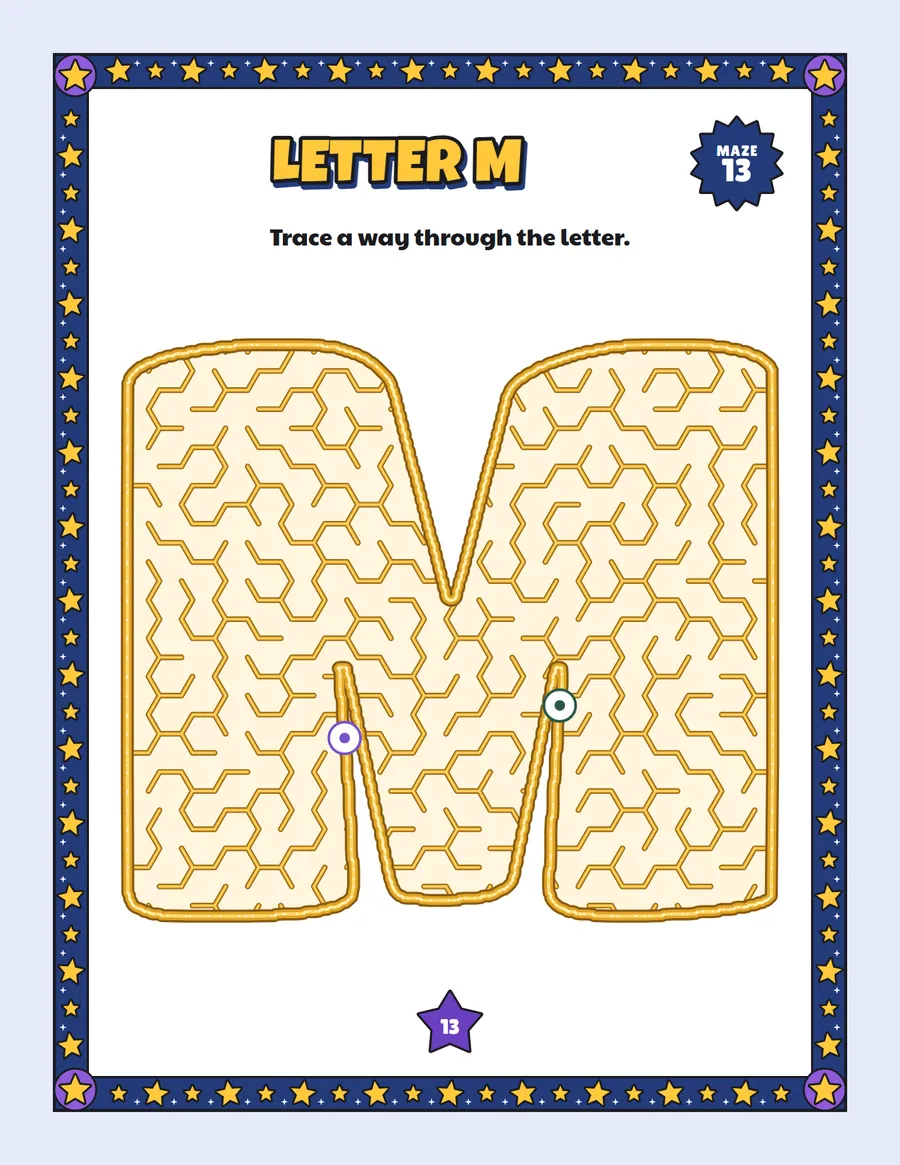 Letter M maze printable: a easy alphabet maze inside a bubble letter M