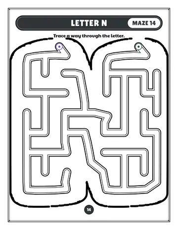 Letter N maze printable: a very easy alphabet maze inside a bubble letter N