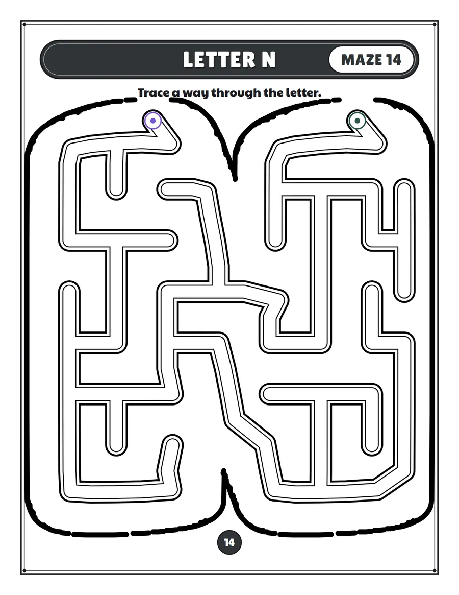 Letter N maze printable: a very easy alphabet maze inside a bubble letter N