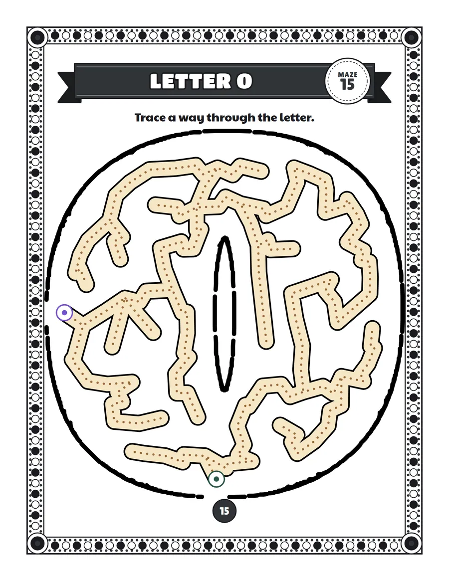 Letter O maze printable: a very easy alphabet maze inside a bubble letter O