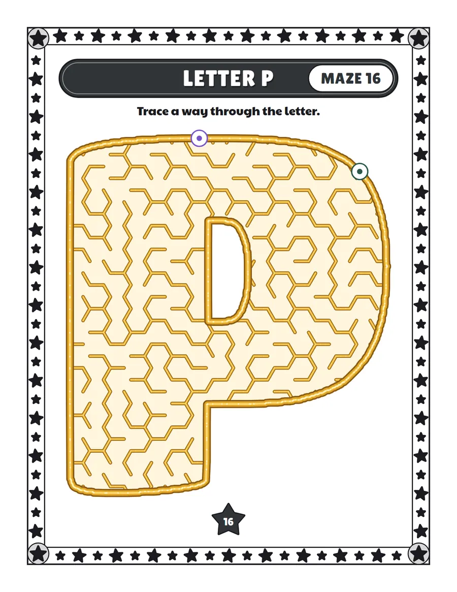 Letter P maze printable: a easy alphabet maze inside a bubble letter P