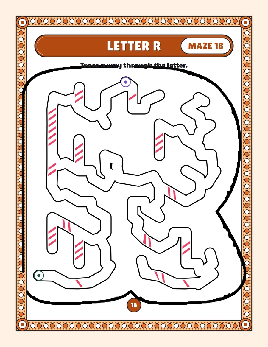Letter R maze printable: a very easy alphabet maze inside a bubble letter R