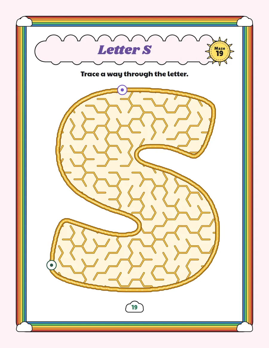 Letter S maze printable: a easy alphabet maze inside a bubble letter S
