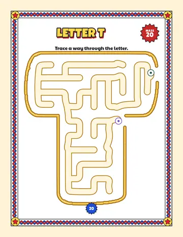 Letter T maze printable: a very easy alphabet maze inside a bubble letter T