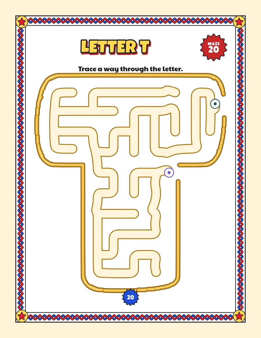 Letter T maze printable: a very easy alphabet maze inside a bubble letter T