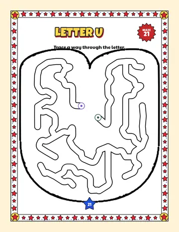 Letter U maze printable: a very easy alphabet maze inside a bubble letter U