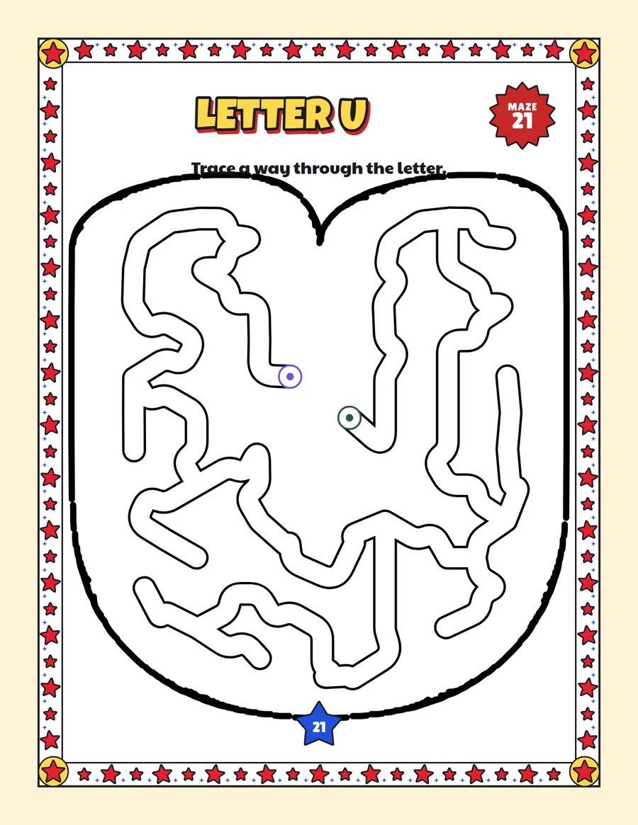 Letter U maze printable: a very easy alphabet maze inside a bubble letter U