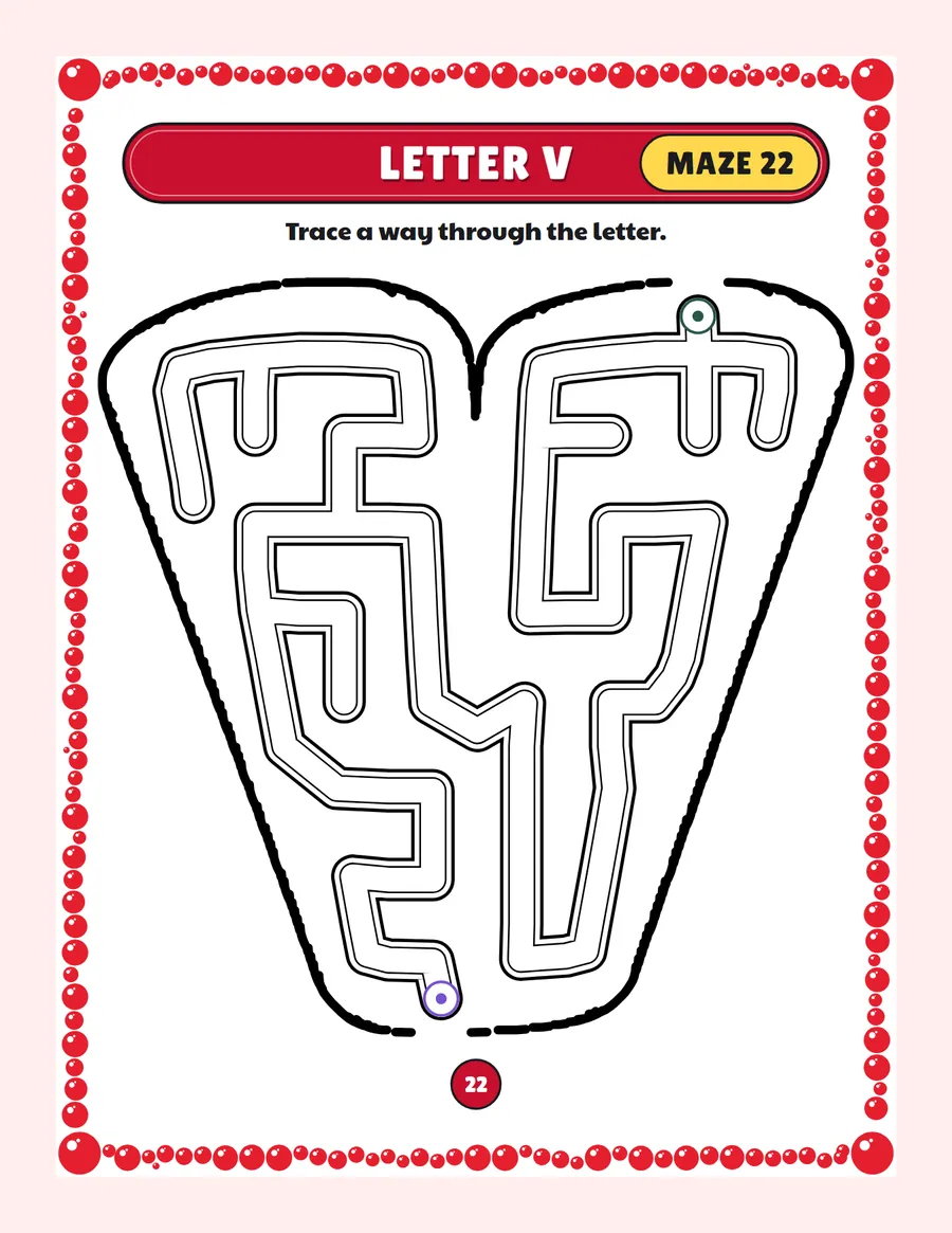 Letter V maze printable: a very easy alphabet maze inside a bubble letter V