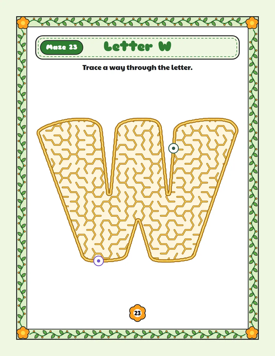 Letter W maze printable: a easy alphabet maze inside a bubble letter W