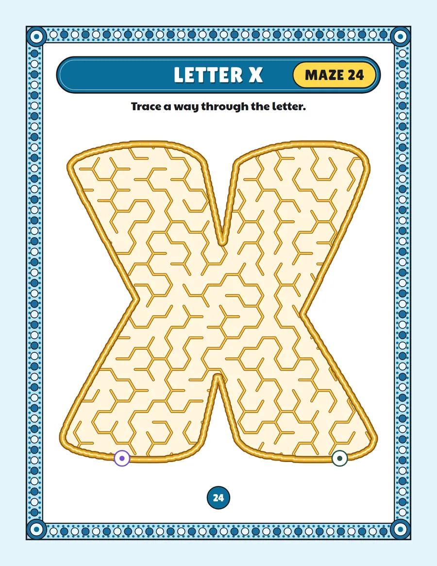 Letter X maze printable: a easy alphabet maze inside a bubble letter X