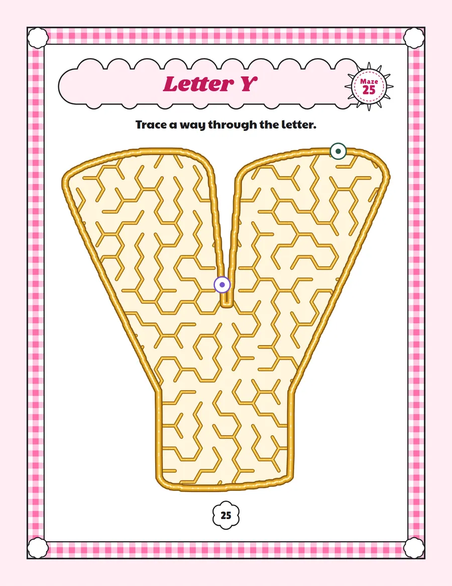 Letter Y maze printable: a easy alphabet maze inside a bubble letter Y
