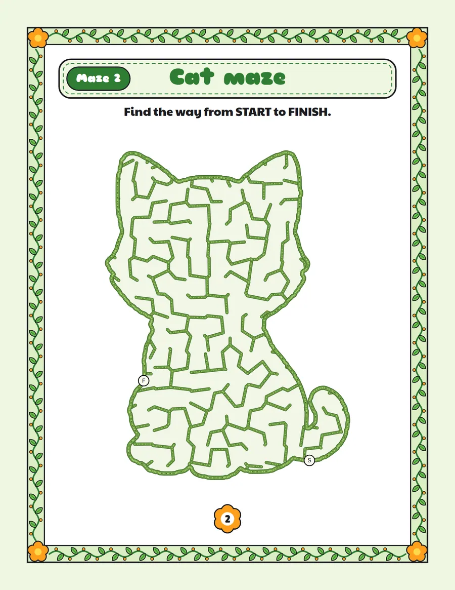 Cat maze printable: a easy animal maze inside a cat shape