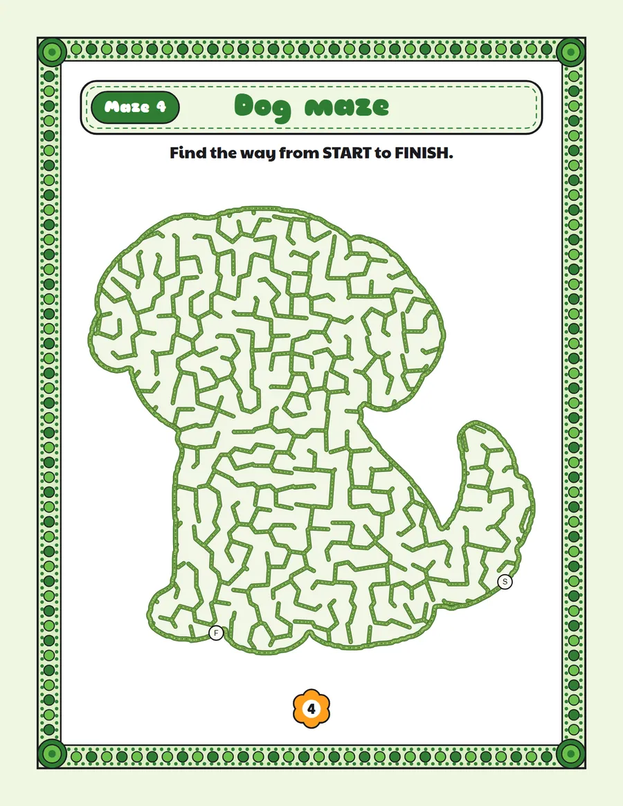 Dog maze printable: a gentle animal maze inside a dog shape