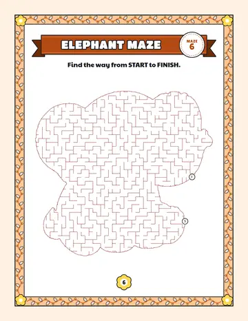Elephant maze printable: a medium animal maze inside a elephant shape