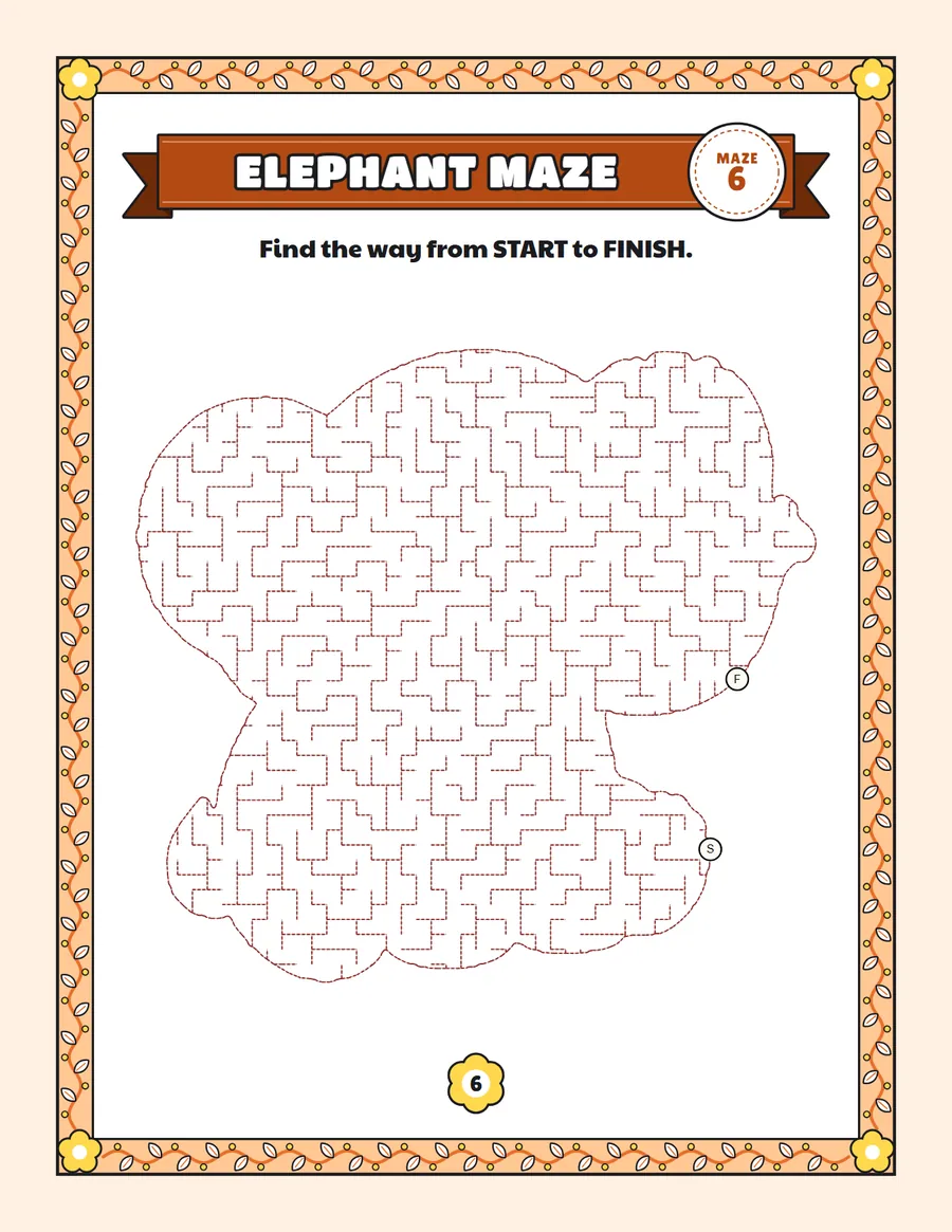 Elephant maze printable: a medium animal maze inside a elephant shape