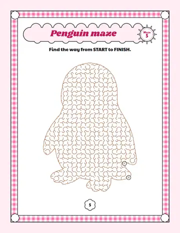 Penguin maze printable: a medium animal maze inside a penguin shape