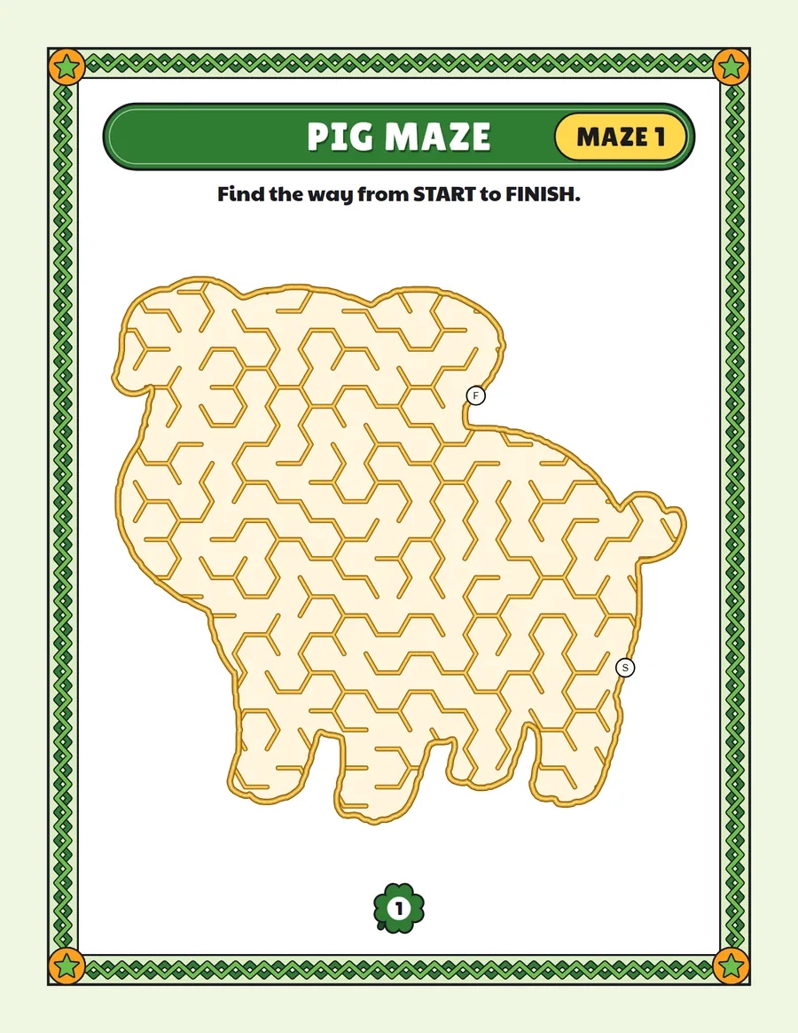 Pig maze printable: a easy animal maze inside a pig shape