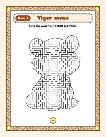 Tiger maze printable: a hard animal maze inside a tiger shape