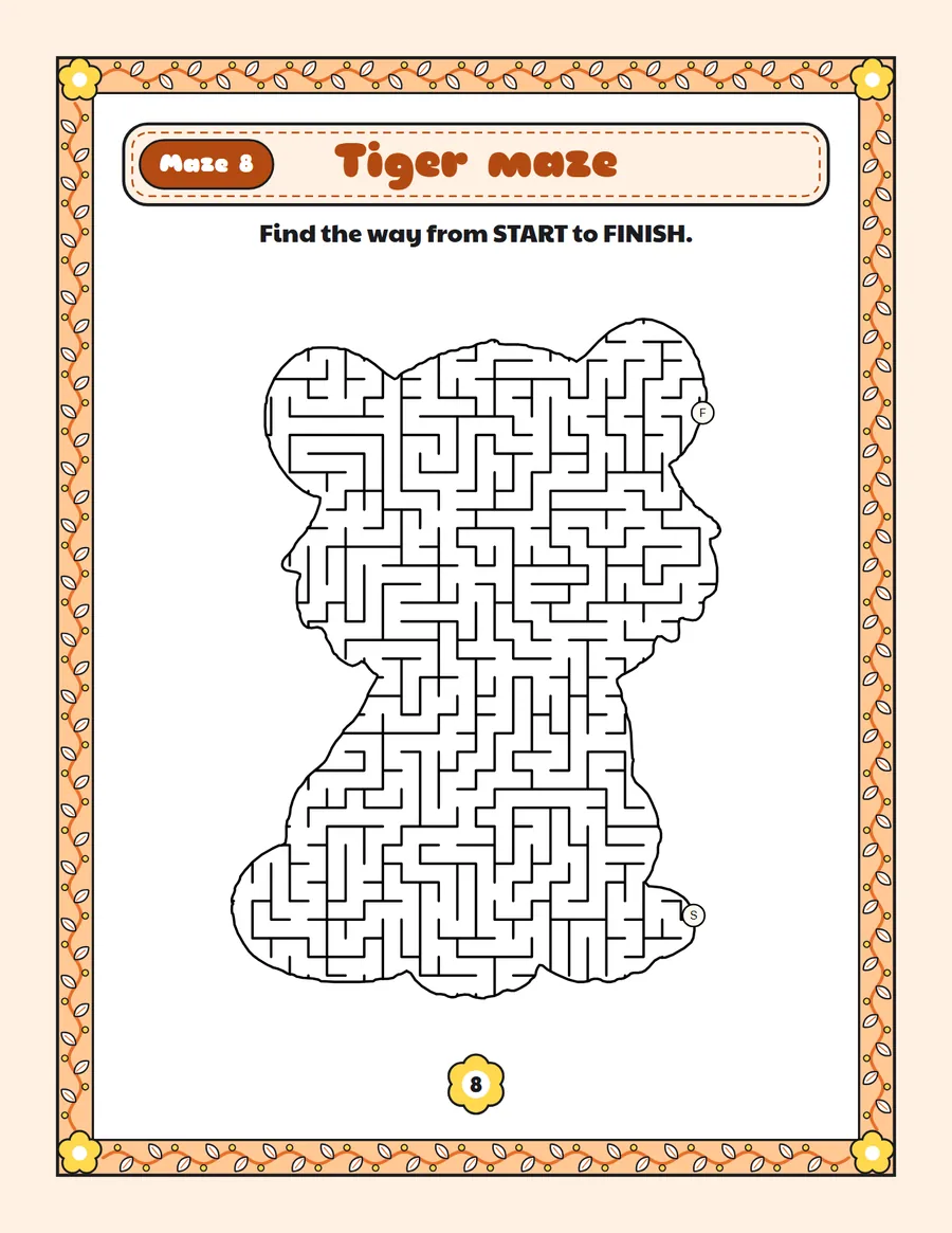 Tiger maze printable: a hard animal maze inside a tiger shape