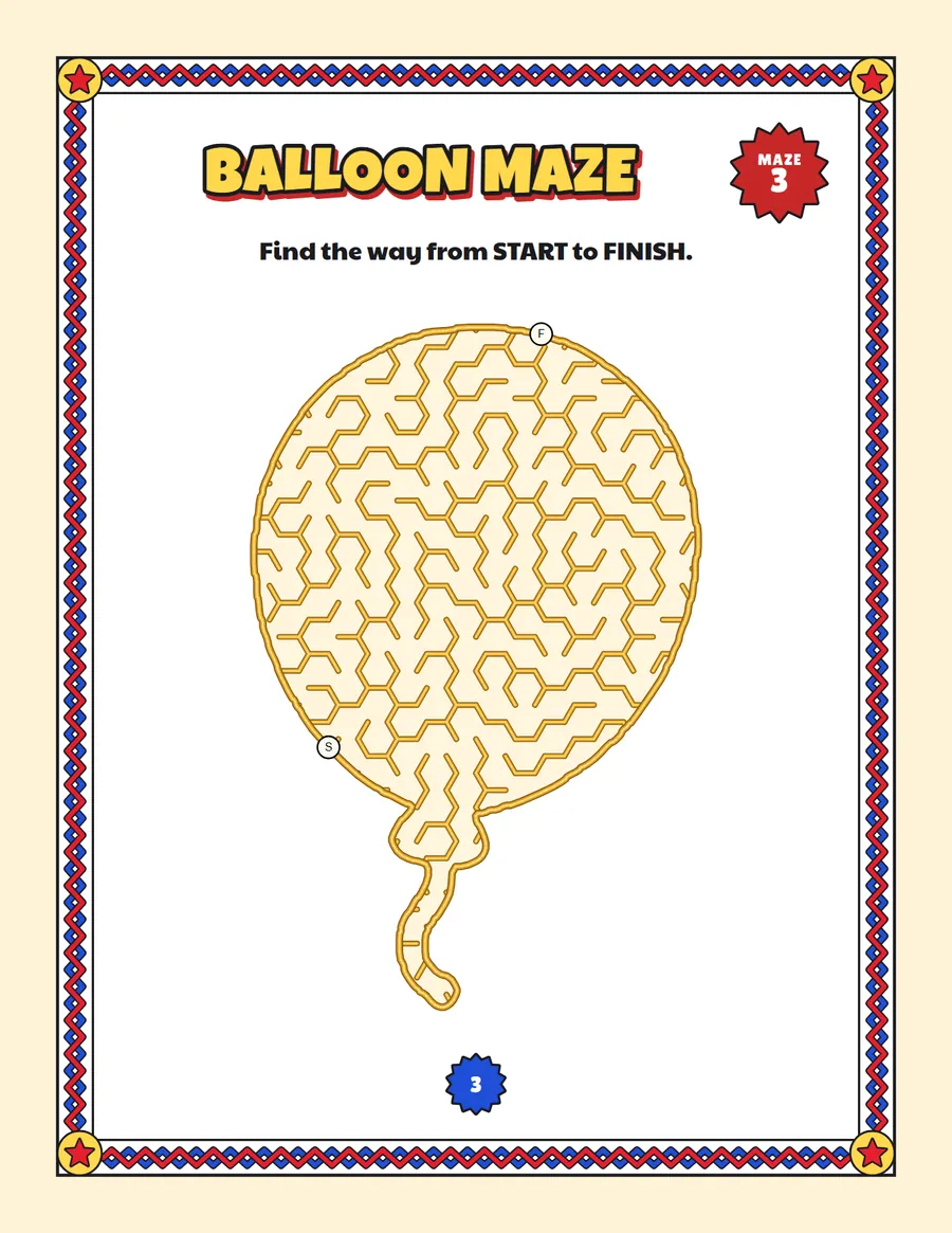 Balloon maze printable: a gentle birthday maze inside a balloon shape