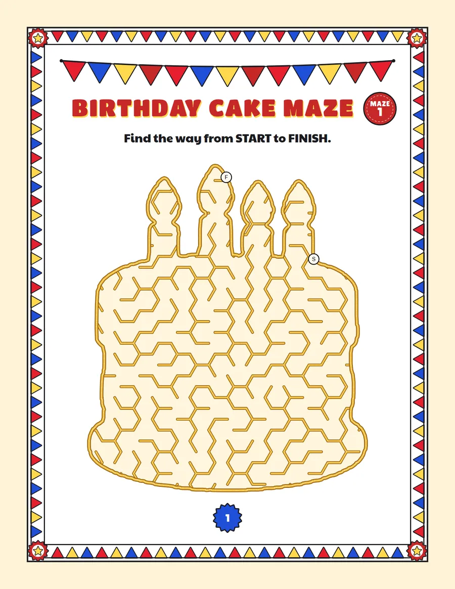 Birthday cake maze printable: an easy birthday maze inside a birthday cake shape