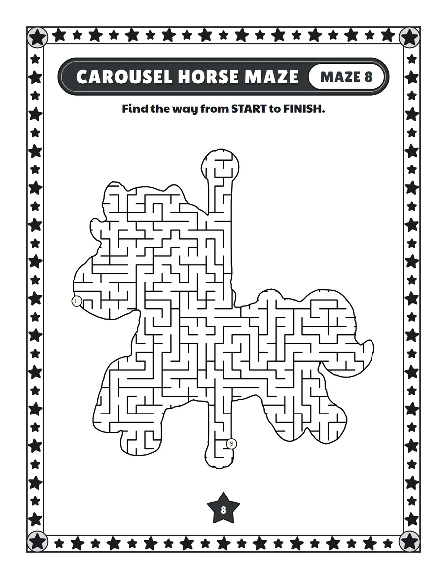 Carousel horse maze printable: a hard birthday maze inside a carousel horse shape