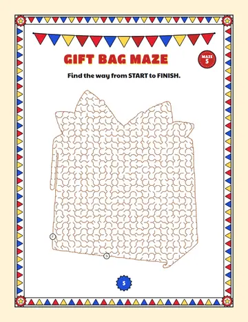 Gift bag maze printable: a medium birthday maze inside a gift bag shape