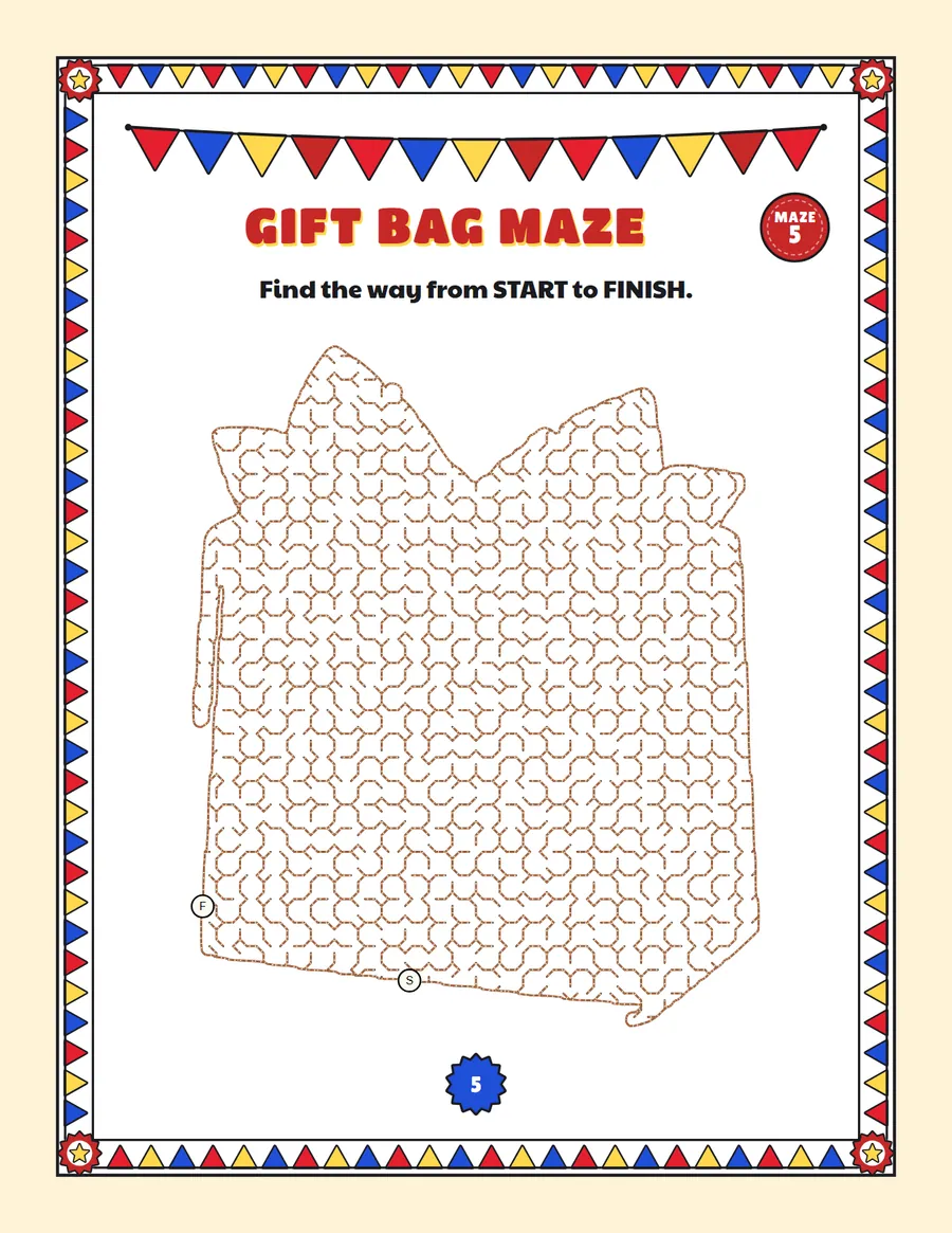 Gift bag maze printable: a medium birthday maze inside a gift bag shape
