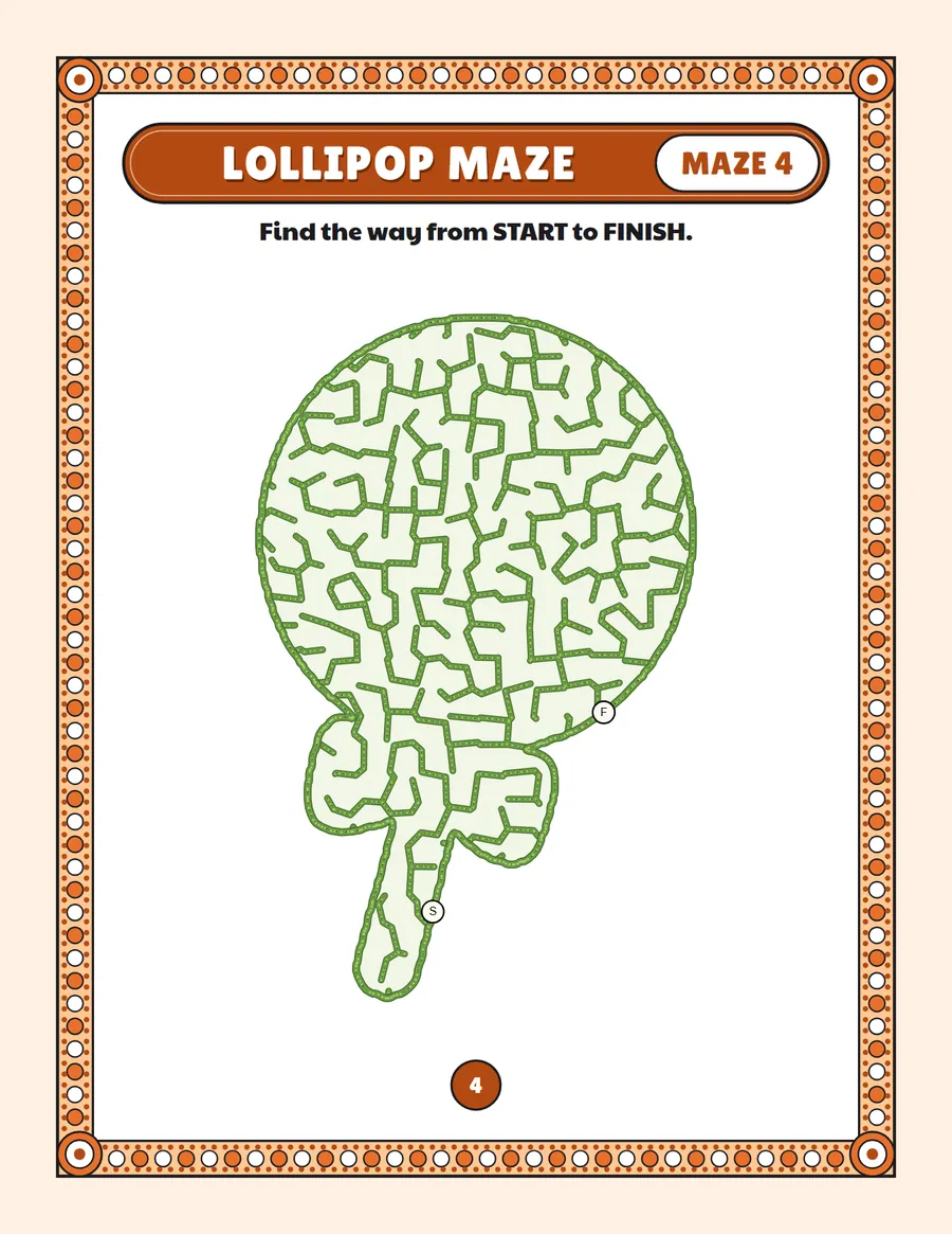 Lollipop maze printable: a gentle birthday maze inside a lollipop shape