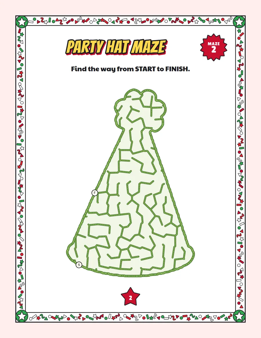 Party hat maze printable: an easy birthday maze inside a party hat shape