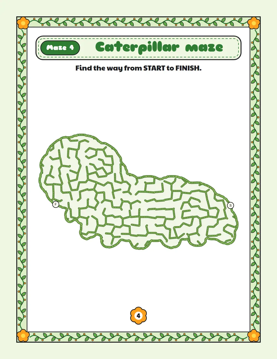 Caterpillar maze printable: a gentle bug maze inside a caterpillar shape