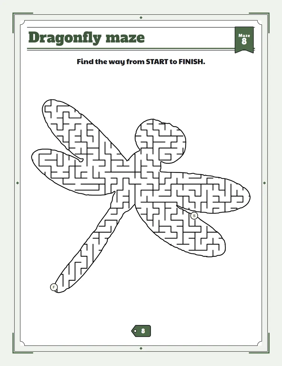 Dragonfly maze printable: a hard bug maze inside a dragonfly shape