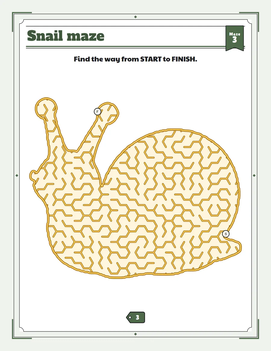Snail maze printable: a gentle bug maze inside a snail shape