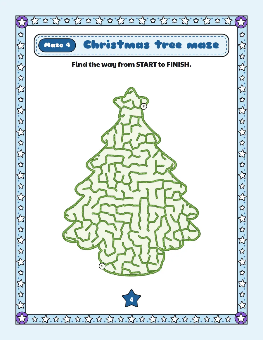 Christmas tree maze printable: a gentle Christmas maze inside a christmas tree shape