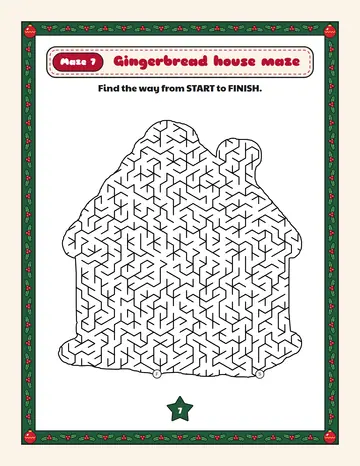 Gingerbread house maze printable: a hard Christmas maze inside a gingerbread house shape