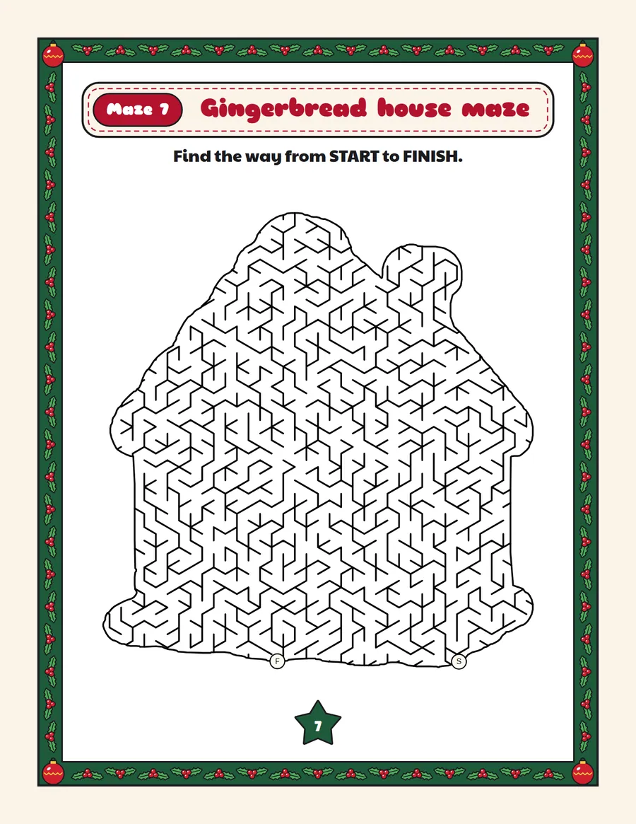 Gingerbread house maze printable: a hard Christmas maze inside a gingerbread house shape